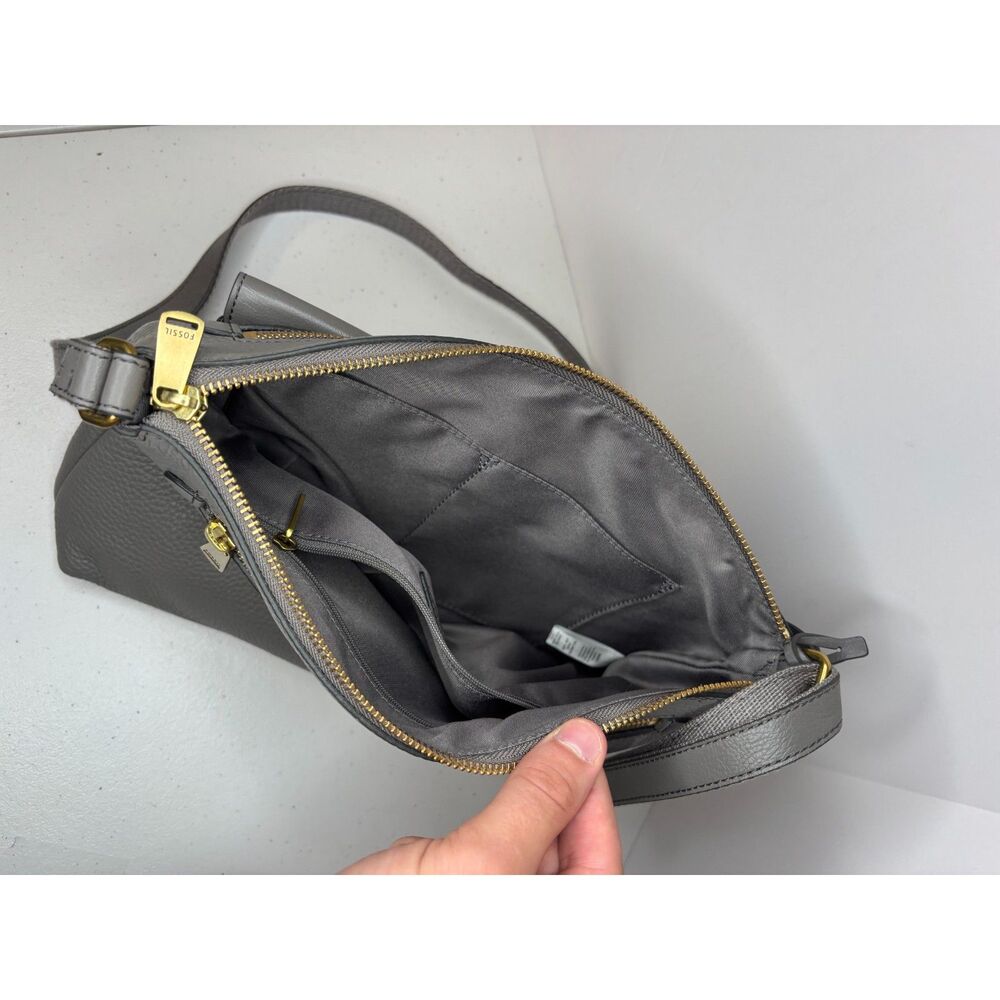 Fossil Kinley Gray Pebbled Leather Adjustable Crossbody Shoulder Bag Purse - Picture 10 of 13